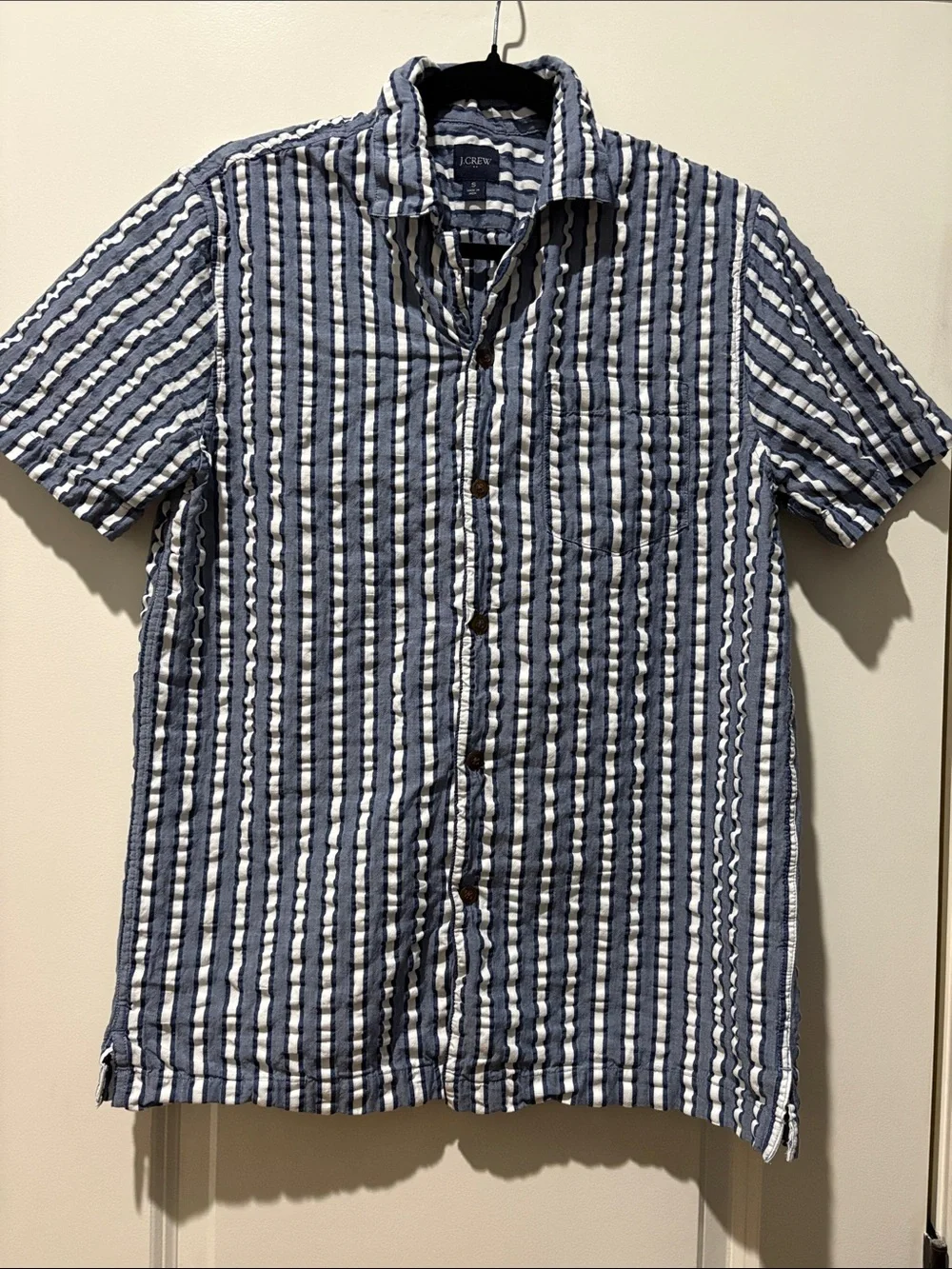 J.Crew 100% Cotton Textured Stripe Camp Shirt Men’s Small Blue White